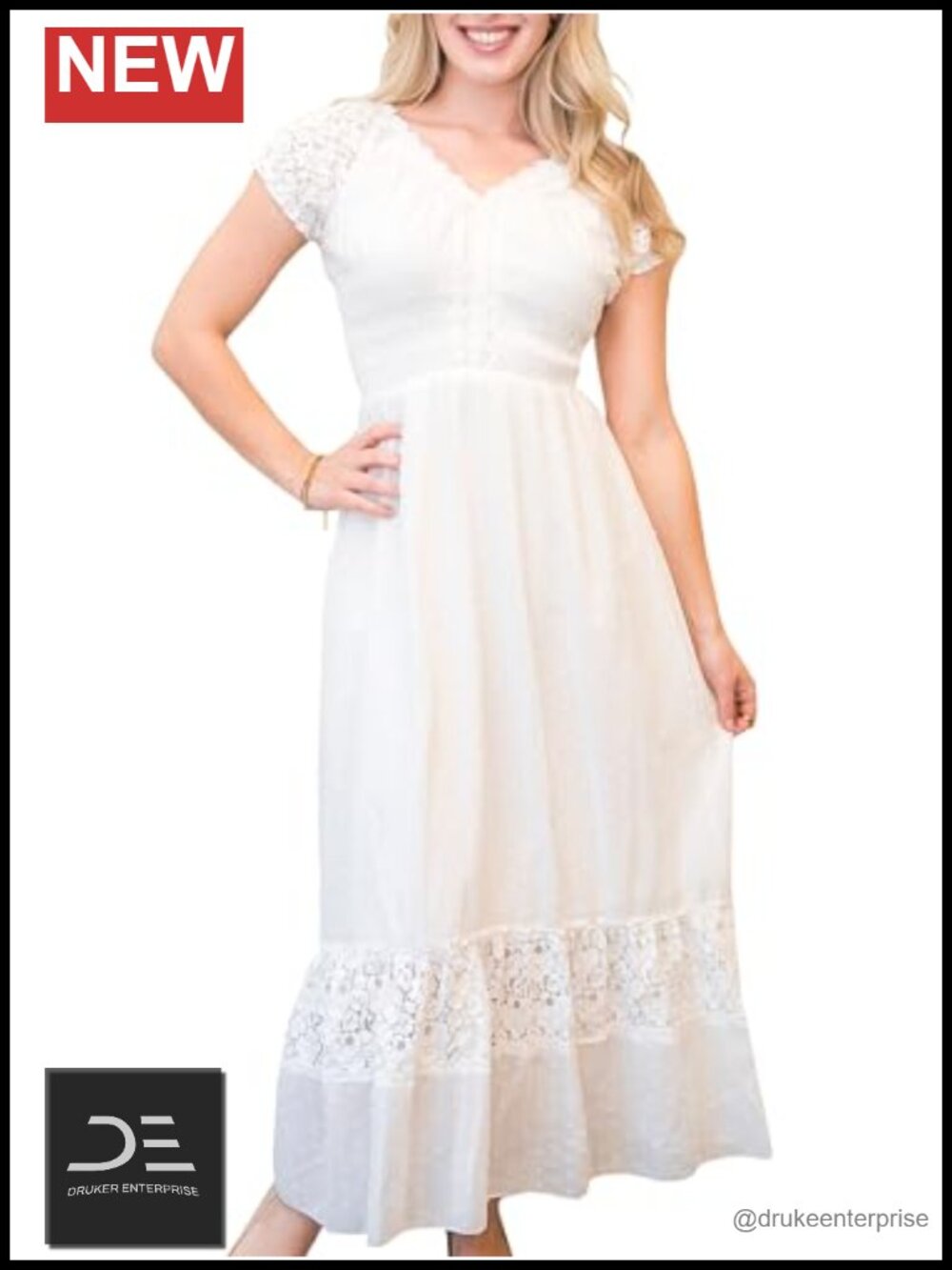Renaissance Peasant Maiden Boho Cap Sleeve Lace Trim Maxi Dress